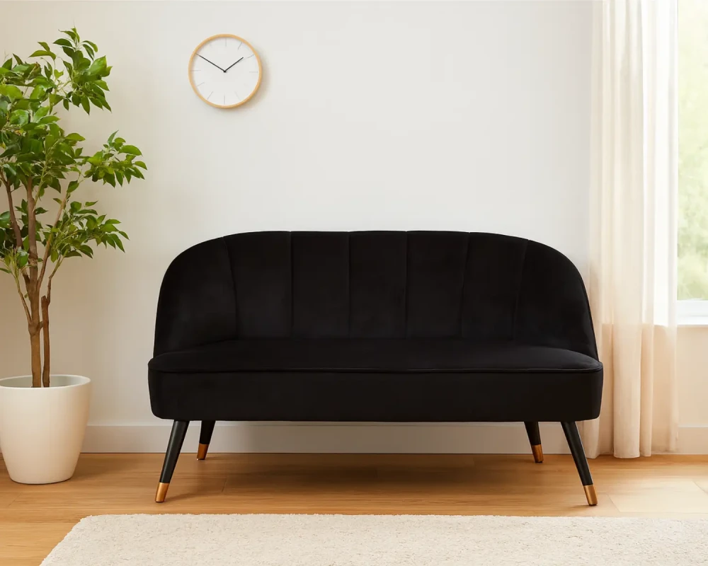 Banquette Naova 2 places velours noir avec pieds bois