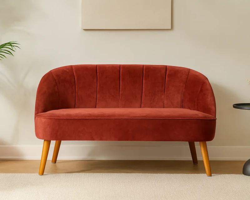 Banquette Naova 2 places velours terracotta avec pieds bois