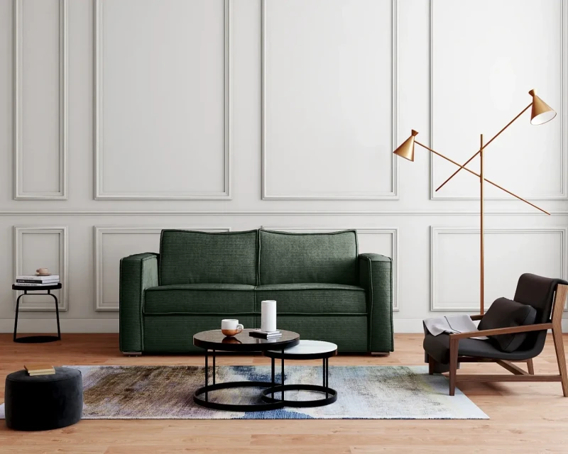 Canapé 3 places convertible express en velours côtelé vert sapin – Couchage 140 cm