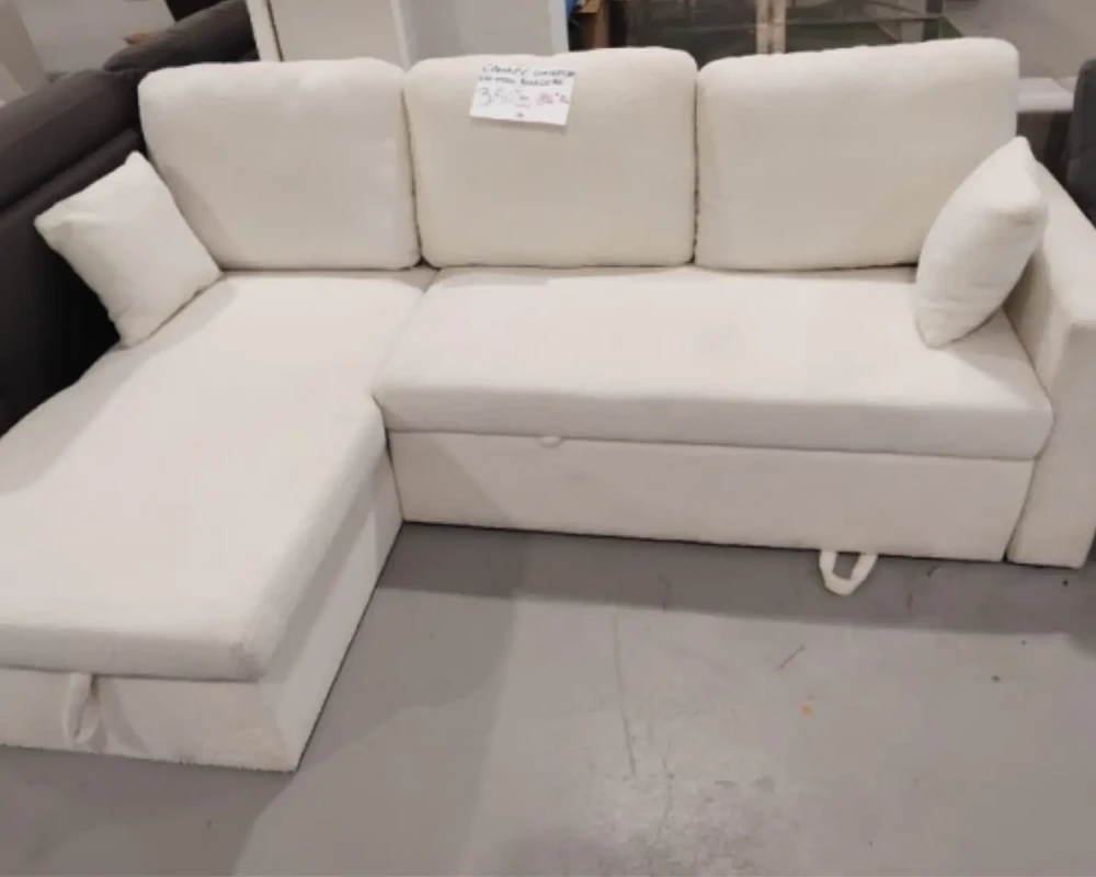 Canapé d’angle convertible_reversible avec coffre – 3 places – Bouclettes – Blanc