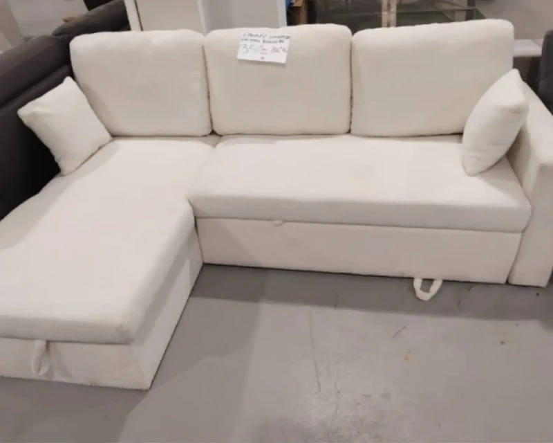 Canapé d’angle convertible_reversible avec coffre – 3 places – Bouclettes – Blanc