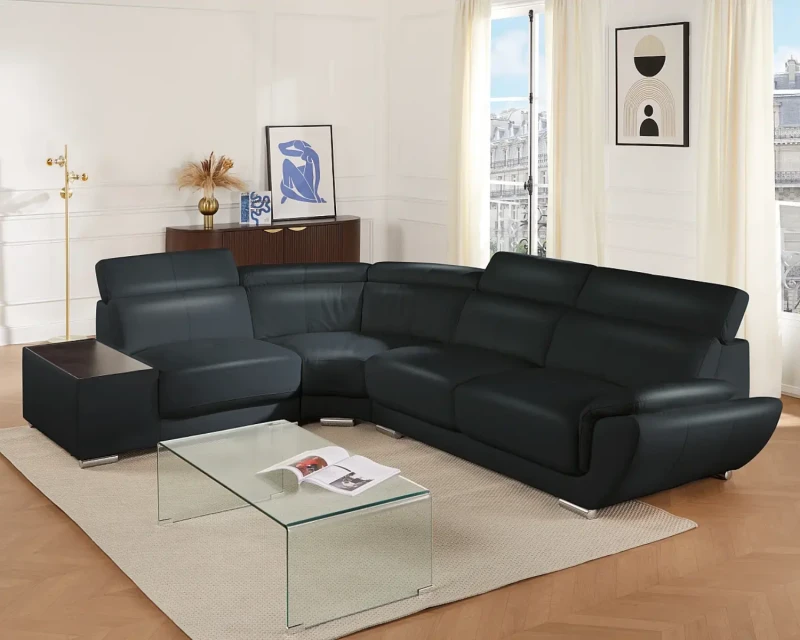 Canapé d’angle en cuir NAHIA – Noir – Angle gauche