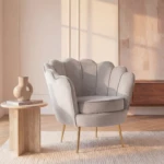 Fauteuil coquillage DANDELION en velours taupe avec assise confortable et design Art Déco.