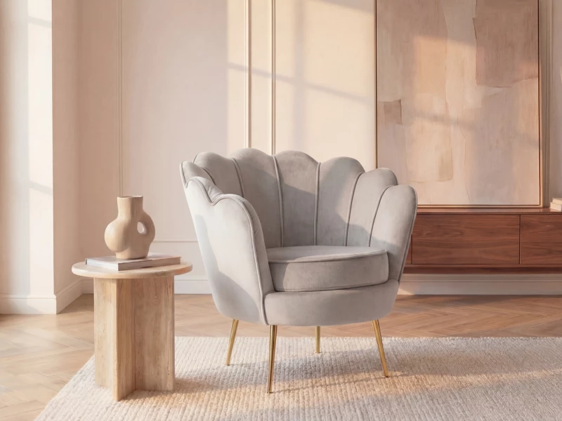 Fauteuil coquillage DANDELION en velours taupe avec assise confortable et design Art Déco.