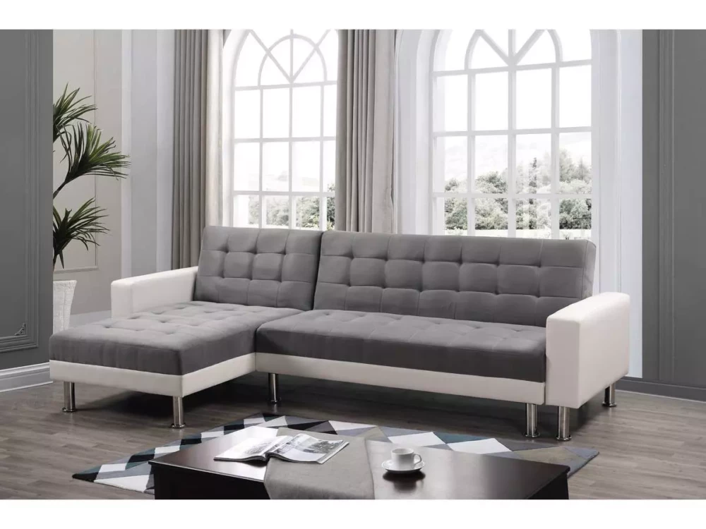 Canapé d’angle convertible et réversible Theo 4 places gris et blanc avec méridienne pour salon moderne