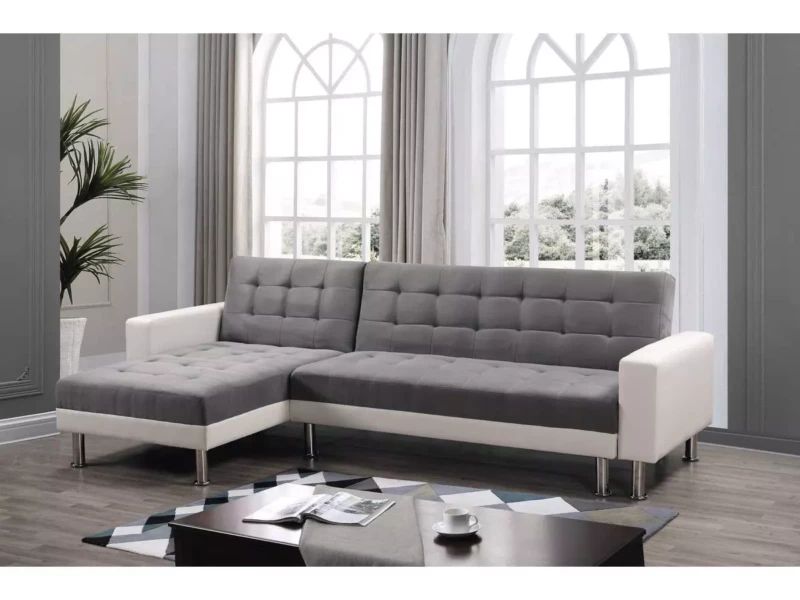 Canapé d’angle convertible et réversible Theo 4 places gris et blanc avec méridienne pour salon moderne