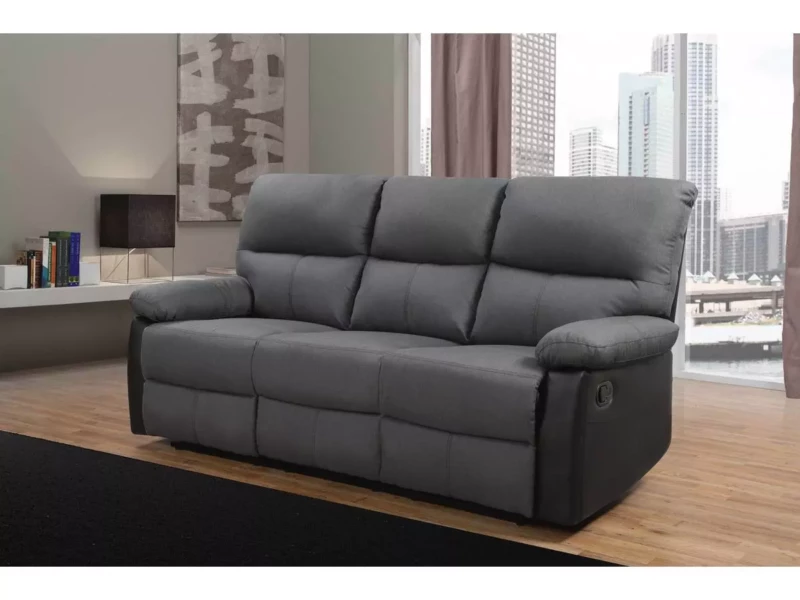 Canapé relax Lincoln 3 places noir et gris foncé avec assise confortable pour salon moderne